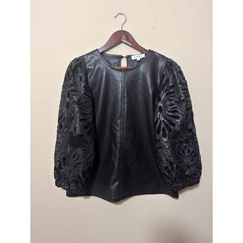 THML Black Faux Leather Mixed Media Top with Laser Cut Lace Statement Sleeves M